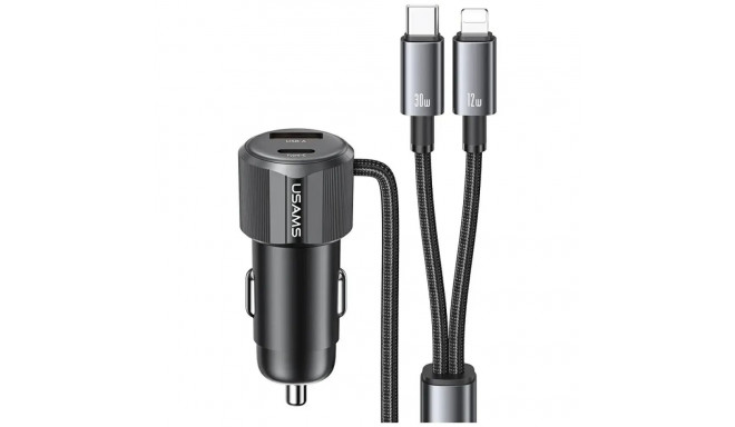 USAMS YT Series CC287 car charger | 66W | USB-A, USB-C | with USB-C/Lightning cable included | gray