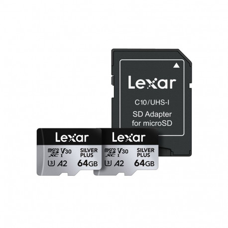 Set of 2 Lexar High-Performance Silver Plus microSDXC 2x64GB memory cards + adapter