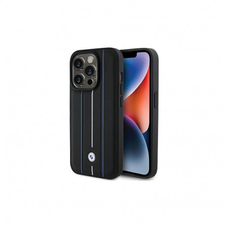 BMW Leather Stamp Blue Line Case for iPhone 15 Pro Max - Black