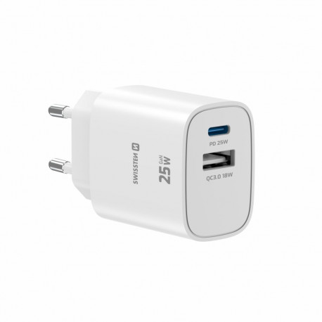 Swissten Edge Travel  Charger USB-C PD 25W + USB-A QC 18W White