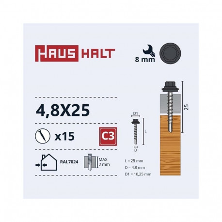 SELF SCR 4.8X25 WOOD+EPMD RAL7024 15PCS