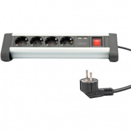 Office-Steckdosenleiste 4-fach, 2x USB (silber/schwarz, 1,5 Meter Kabel, Schalter)