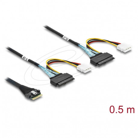 "Delock PCIe 4.0 Kabel Slim SAS SFF-8654 8i zu 2 x U.2 SFF-8639 Buchse + Stromanschluss 0,5 m"