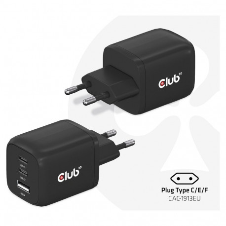 Club3D laadija 2xUSB Typ C 1xUSB Typ A PD 65W GaN retail