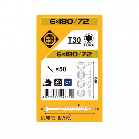 Puitlaastplaadikruvi T30 6.0x180/72 50tk, valge tsink