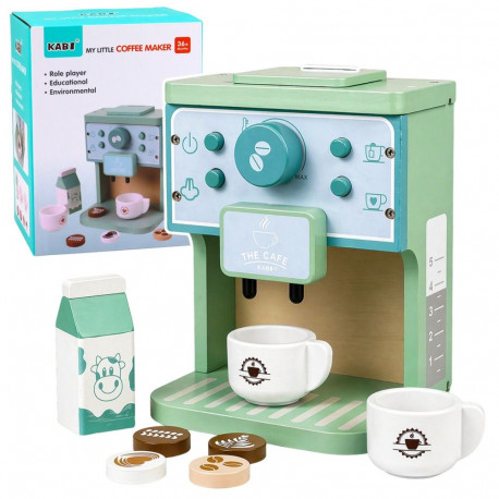 Puidust kohvimasina komplekt lastele tasside, piima ja tarvikutega