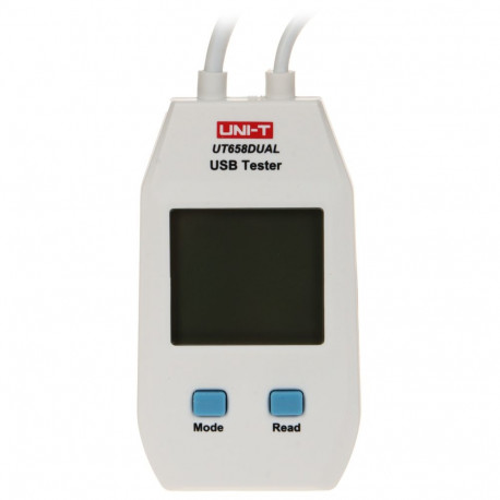 UNI-T UT658DUAL Tester: USB-pesa; LCD-ekraan; VDC: 4–24 V; 10 mV DC; I DC: 50 mA–5 A