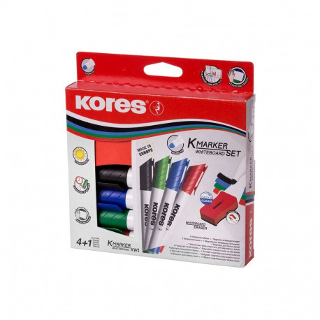 Tahvlimarker Kores K-Marker XW1, kooniline ots, 4 värvi + tahvlipuhastaja