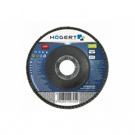 Flap diska ritenis 125×22,4 G120, HOGERT, HT8D055, alumīnija oksīds, ātrai un gludai slīpēšanai