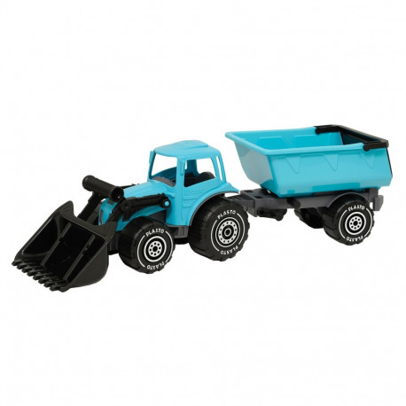 PLASTO Tractor with frontloader and trailer, blue, 56 cm