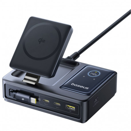 Baseus NOMOS 140W Qi2 5w1 bezprzewodowa ze zwijanym kablem USB-C i wyświetlaczem cyfrowym - czarna
