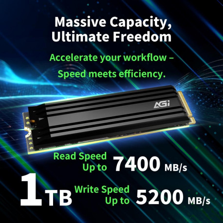 SSD|AGI|750xTBW rating|MTBF 2000000 h|Read speed 7400 MB/s|Write speed 5200 MB/s|NVMe Yes|PCI Expres