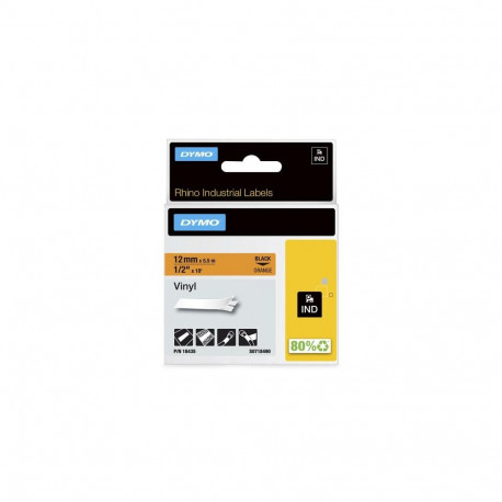 DYMO Rhino Industrial Vinyl Labels | 12 mm x 5.5 m | Black Print on Orange | Self-Adhesive | for Rhi