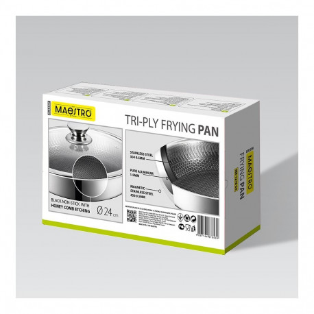 Frying Pan - Maestro MR-1216 24 cm Stainless Steel Non-Stick With Lid Silver