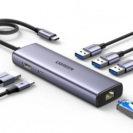 Ugreen CM512 6-in-1 USB-jaotur | USB-C kuni 3x USB 3.0, HDMI, RJ45, USB-C | 100W | hall
