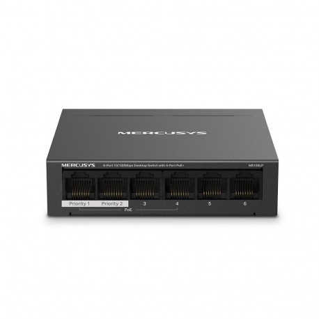 Mercusys võrgulüliti MS106LP 6-pordine 10/100 Mbps koos 4-pordilise PoE+ laual asuv