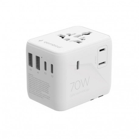 Gembird reisivõrguadapter TPA-2A3C70-01-W universaalne 70W, valge