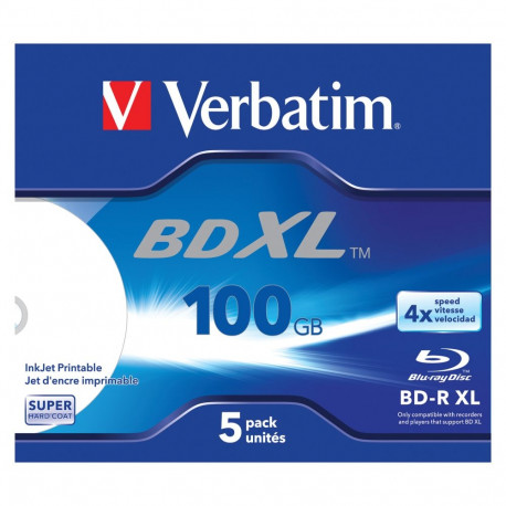 "1x5 Verbatim BD-R Blu-Ray 100GB 4x Speed wide printable JC"