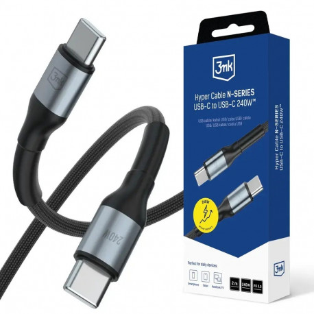 3mk Hyper N-SERIES andmeedastus- ja laadimiskaabel | USB-C kuni USB-C | 240W | 2m | must