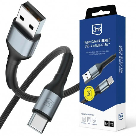 3mk Hyper N-SERIES andmeedastus- ja laadimiskaabel | USB-A kuni USB-C | 18W | 2m | must