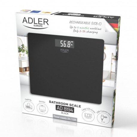 Digital Scale - Adler AD 8194b 180 kg Capacity, USB-C Rechargeable, Black