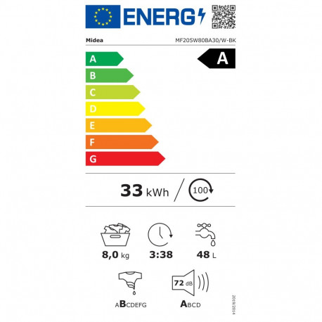 Midea pesumasin MF205W80BA30/W-BK energiaklass A eeslaadimine pesumaht 8kg 1400RPM sügavus 49cm laiu