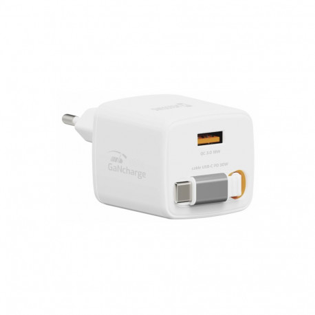 Swissten SlideCHARGE Power Charger GaN 30W USB-A 18W With retractable USB-C cable 0.75m white