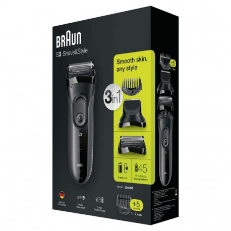 Electric Shaver - Braun 3000BT Foil Shaver With 5 Length Settings, Fast Charging - Black, Grey