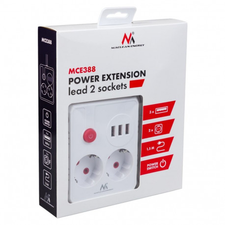 Power Extension Cord - Maclean MCE387 2 Sockets + 3 USB 2500W 1.5m White