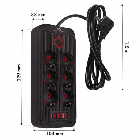 Power Strip - Maclean MCE389 6 Socket 4xUSB 2500W 1.5m Black