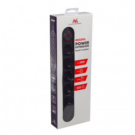 Power Extension Cord - Maclean MCE395 5-Socket 3xUSB 2500W 1.5m Black