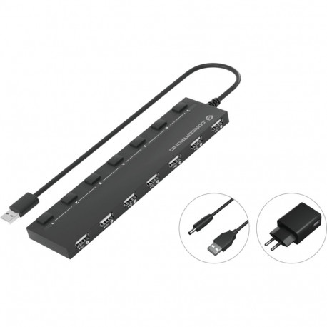 CONCEPTRONIC 7-pordiline USB-jaotur USB-A2.0->7xA2.0/DC toiteadapteriga, must