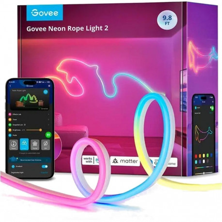 Smart Wall Light - Govee LED Strip Light 3m H61D3301 Multicolour Wi-Fi Bluetooth Neon Rope Light