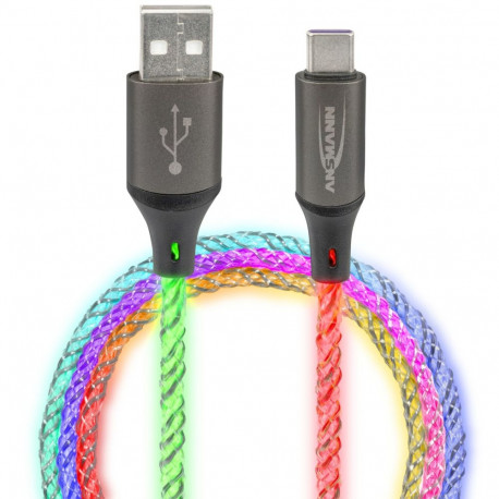 USB-A auf USB Typ-C Kabel (schwarz/transparent, 1 Meter, mit LED)