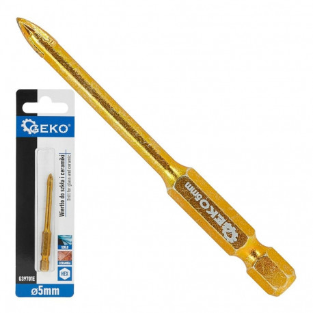 Drill for glass and ceramic 5mm HEX GEKO G39701E, Tungsten carbide, 4 cutting edges