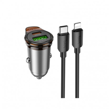 Car charger Hoco USB A + USB C QC3.0 PD 3A 43W + cable USB C to Lightning NZ16A metal gray
