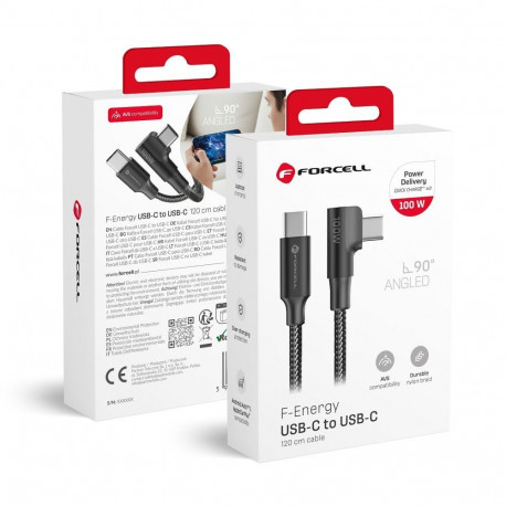 Cable USB C to USB C Forcell F-Energy QC4.0 PD 5A 100W Cafule 90° 1,2 m CC-1Deg black