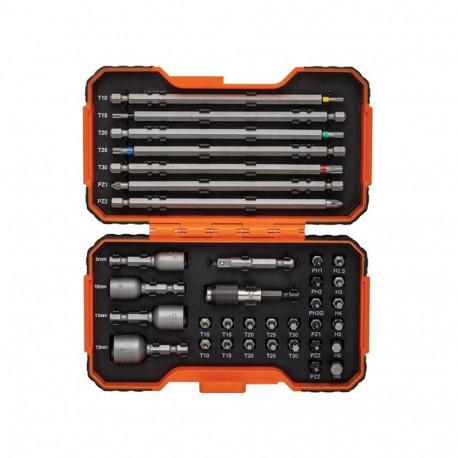 Bit set 1/4" 35 pcs colour coded with 2 adaptors PH,PH2G,PZ,SL,Hex,TORX 25mm 22 pcs, 150mm 7 pcs