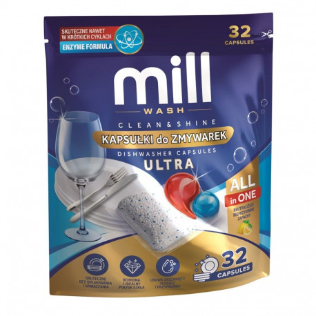 Dishwasher Detergent Capsule - MADONIS MILL CLEAN&SHINE 32 Capsules, Enzymes, Oxygen-Based Bleaching