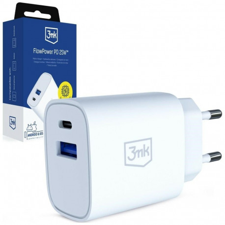 FlowPower laadija 25W USB-A USB-C PD QC4+, valge