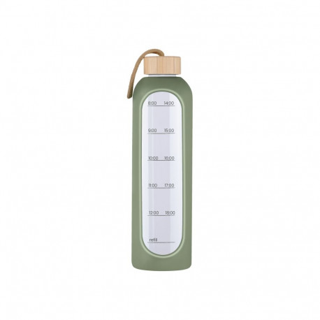 Drink Bottle - KiCA Hydro Glass 1L With Silicone Sleeve And Bamboo Stopper - Olive Green