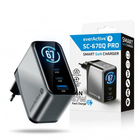 Charger - everActive SC-670Q Pro 67W 1xUSB-A 2xUSB-C LCD Display Black