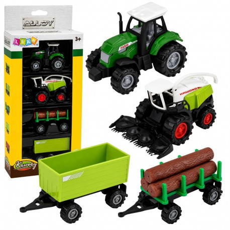 põllumajandusmasinate komplekt 1:68 traktor silokombain puiduhaagis 4tk.