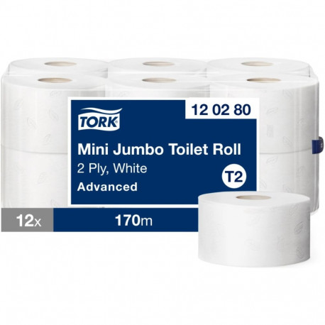 Tualettpaber Tork T2 Mini Jumbo valge 2-kihiline, 170m/rull