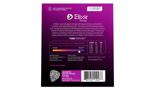 Acoustic Guitar String Set - Elixir Strings 11027 Custom Light NW 11-52 Bronze