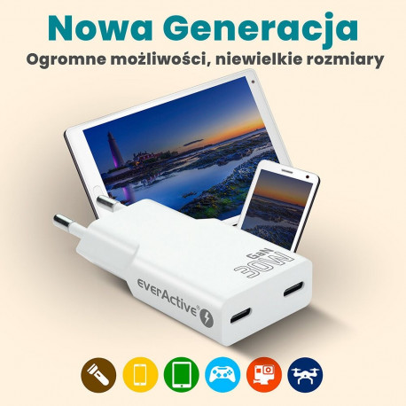 Charger - everActive 30W USB-C Quick Charge 4+ Dual Output Super Slim White