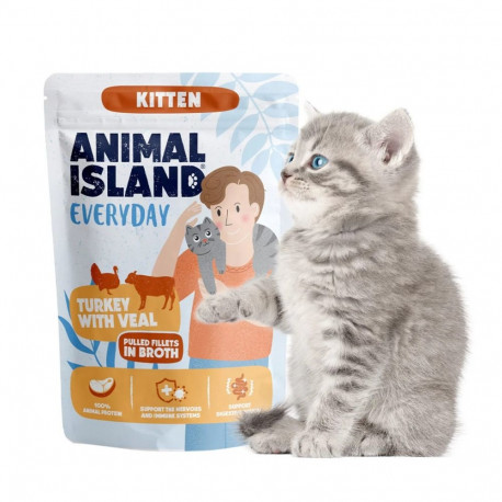 ANIMAL ISLAND märgtoit kassipoegadele kalkun ja vasikaliha puljongis 85g