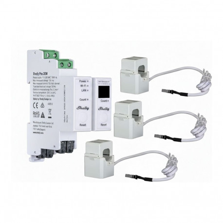"Shelly · Hutschiene · Pro 3EM 120A v2 · Stromzähler · inkl. 3x 120A Klemmen · Messfunktion · WLAN ·