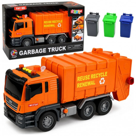 prügiauto prügikastidega tuled ja helid, oranž
