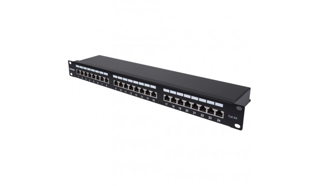 Intellinet patch-paneel Cat6a FTP 24-port 1U varjestatud 90° üla-sisestusega punch-down-plokkidega, 